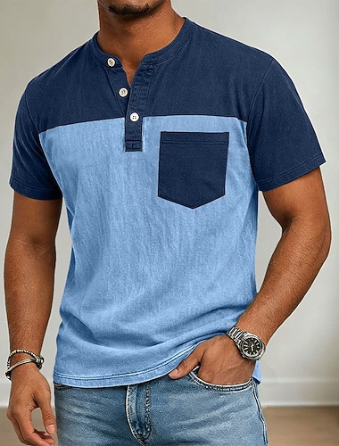 Homme Chemise Henley Chemise 100% coton délavée à l'acide Manche Courte Henley Été Printemps Toutes saisons Bloc de Couleur Patchwork Rétro Vintage Occasionnel Henley Patchwork Le style rétro Bloc de