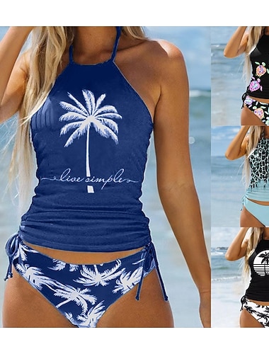  Dames Tankini Tweedelig zwempak Halster Open achterkant Zwemkleding Zwemkleding Zwart / Wit Zwart Sneldrogend Lichtgewicht Ademend Mouwloos - Surfen Strand Zwemmen Zomer Lente