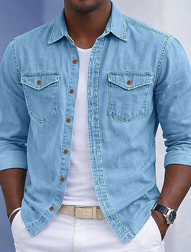  Homens Camisa Social Camisa casual camisa de botão Camisa 100% algodão com lavagem ácida Preto Caqui Cinzento Azul Claro Manga Longa Tecido Colarinho de Camisa Casual Diário Bolso frontal Roupa