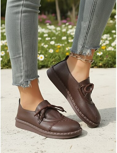  Brune damesko med vid passform og snøring i skinn – myke, komfortable tursko med fleksibel, sklisikker såle, uformelle hverdagssko for reiser og heldagsbruk