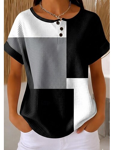  نسائي قماشات بنية ذات ملمس تي شيرت مكعبات الألوان طباعة الرسم هندسي أنيق كلاسيكي كم قصير رقبة عالية مدورة رقبة دائرية قمصان عادية مناسب للبس اليومي الرياضة عطلة نهاية الاسبوع أسود وأبيض أبيض