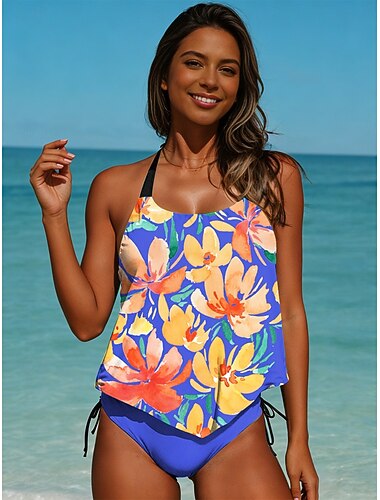  Per donna Costumi da bagno Tankini Due pezzi Mutande Costume da bagno Senza schiena Vacanza Abbigliamento da Spiaggia Floreale Grafico All'americana Senza Maniche Costumi da bagno
