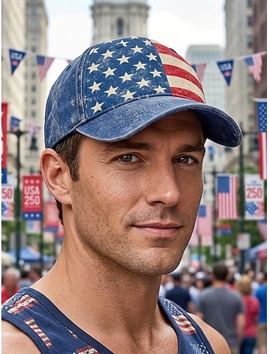  Unisex verstelbare pet met Amerikaanse vlag, polyester print, vintage stijl, geschikt voor de viering van het 250-jarig bestaan van de VS, Onafhankelijkheidsdag en dagelijks casual reizen.