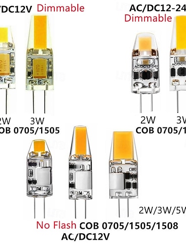  Lot de 10 ampoules LED G4 dimmables sans scintillement, 12 V AC/DC / 12-24 V, 2 W / 3 W, 1505 COB, remplaçant les ampoules halogènes traditionnelles pour spots et lustres.