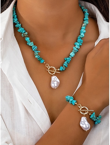  Sett med halskjede og armbånd til dame, imitert perle med turkise perler, flerfarget smykker i bohemsk stil, perfekt for ferie, reise, hverdagsbruk og uformelle antrekk