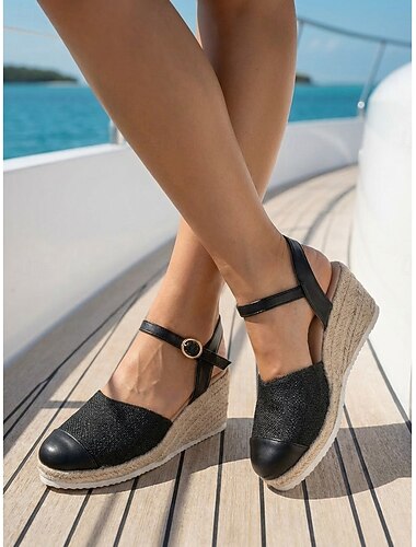  Klassieke zwarte canvas espadrilles met sleehak voor dames - stijlvolle tweekleurige platform sandalen met neuskap en enkelbandje, ideaal voor cruisevakanties en jachtreizen. &elegante zomerkleding