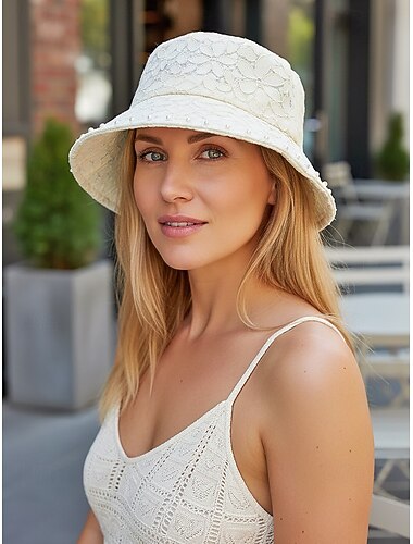  Cappello a secchiello da donna in poliestere con pizzo e finiture in finta perla, pieghevole e portatile, disponibile in diversi colori, ideale per l'uso quotidiano, i viaggi, le vacanze e le giornate al mare.