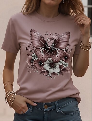  Dames T-shirt Afdrukken Bloemig Stijlvol Klassiek Casual Korte mouw Strakke ronde hals Ronde hals Normale tops Dagelijks Kastanjebruin Geel Blozend Roze Paars Zomer Lente