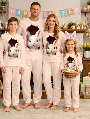  משפחה פסחא פיג'מות גראפי אַרנֶבֶת קזו'אל דפוס חאקי שרוול ארוך חופשה תלבושות תואמות