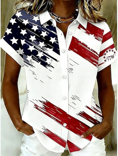 Americký den nezávislosti Dámské Košile Bavlněné lněné košile Halenka Knoflíky Květinový Grafika Vlajka Vinobraní stylové Na běžné nošení Bez rukávů Krátký rukáv Košilový límec Dlouhé topy Denn