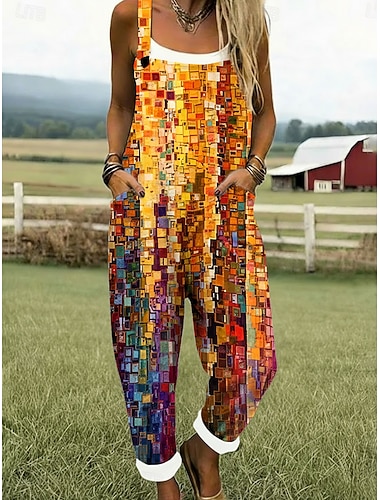  Damen Overall Aktiv Blumen Ärmellos Ärmellos Quadrathals Tasche Druck Täglich Urlaub Lässiger Schnitt Orange Sommer