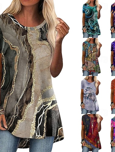  Naisten Boho paita T-paita Kuvitettu Abstrakti Vintage Muoti Etninen Lyhythihainen Tiukka pyöreä kaula-aukko Pyöreä kaula-aukko Pitkät topit Päivittäin Bile Viikonloppu Sininen Musta Rubiini Purppura