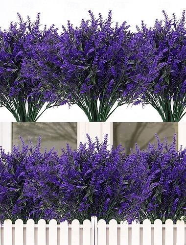  24 Bündel künstliche Lavendelblumen für den Außenbereich, UV-beständig, künstliche Pflanzen, künstliches Grün für drinnen und draußen, Hängepflanzen für Garten, Veranda, Fensterkasten, Zuhause, Hochzeit, Landhausdekoration