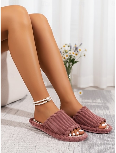  Pantofole estive da donna in peluche rosso scuro con punta aperta: ciabatte morbide e traspiranti con soletta imbottita intrecciata, ideali per la casa, la camera da letto e per il comfort quotidiano.