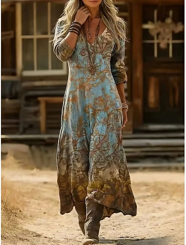  Per donna Abito maxi Abito Boho Abito Vintage Vestito Casual Vintage Quotidiano All'aperto Vacanza Vestibilità regolare Floreale Manica Lunga Scollo a V Blu Viola Marrone Primavera Autunno
