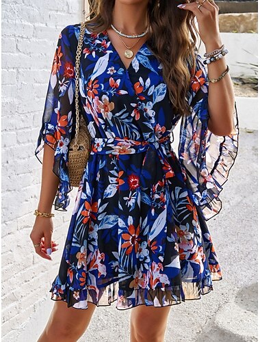  Dames Mini-jurk Casual jurk Chiffon jurk Bloemetjesjurk Elegant Modieus Modern Buiten Vakantie Uitgaan Normale pasvorm Bloemig Halve mouw V-hals Zwart Blozend Roze Groen Zomer Lente