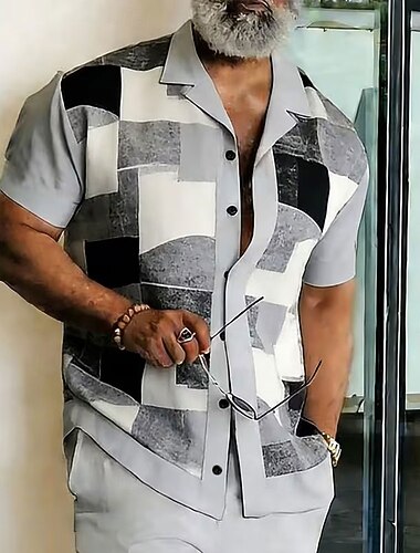  Férfi Mértani Színes Ing Gombos póló Tábori póló Rövid ujjú Alkalmi divat Utcai öltözék Vakáció Nyár Tavasz Kubai nyakörv 3D nyomtatás Medence Lóhere Khakizöld Szürke