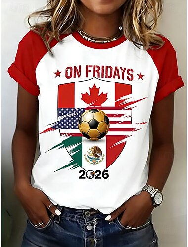  Damen T Shirt Druck Grafik Fussballteam Stilvoll Klassisch Lässig Kurzarm Rundhalsausschnitt Normale Oberteile Täglich Gelb Rote Grün Sommer Frühling