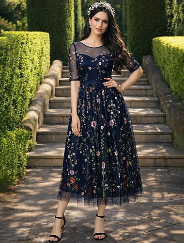  A-Lijn Bloemenjurk Valentijnsdag Bruiloft Gast Theelength Halve Mouw Illusie Hals Kant met Borduurapplicaties