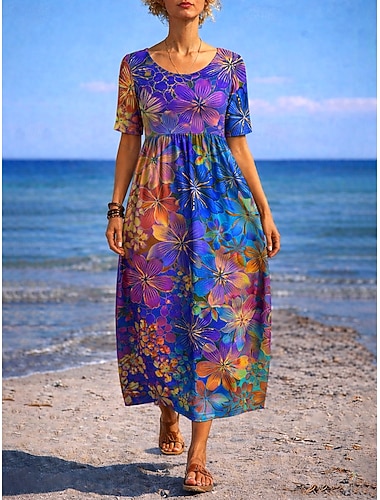  Per donna Abito Midi Abito a trapezio Abito Estivo Vacanza Casual Quotidiano Ferie Vestibilità regolare Floreale Grafico Mezza Manica Girocollo Blu Viola Verde Estate