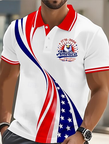  4 iulie 2026, a 250-a aniversare Bărbați Drapelul SUA american Tricouri polo Manșon scurt Tricouri de polo Rever Casual Îmbrăcăminte Atletică Nasturi Primavara vara Albastru piscină Alb Galben