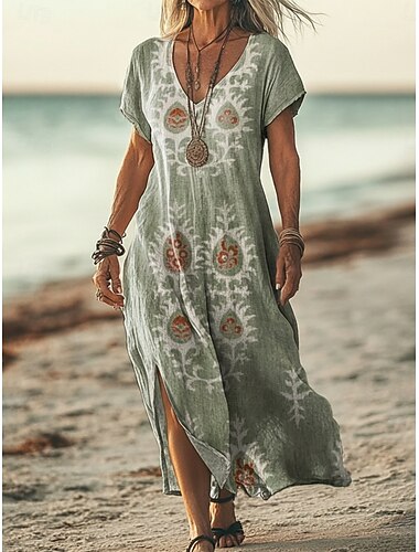  Per donna Abito lungo maxi Abito Boho Vestito Casual Abito a trapezio Abito Stampato Moda Moderno All'aperto Vacanza Weekend Vestibilità comoda Grafico Manica Corta Scollo a V Verde Estate Primavera
