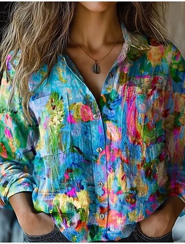  Dames Overhemd Boho-shirt Knop Afdrukken Bloemig Grafisch Vintage Stijlvol Etnisch Lange mouw Overhemdkraag Lange tops Dagelijks Feestdagen Uitgaan blauw Licht Paars Zomer Lente Herfst