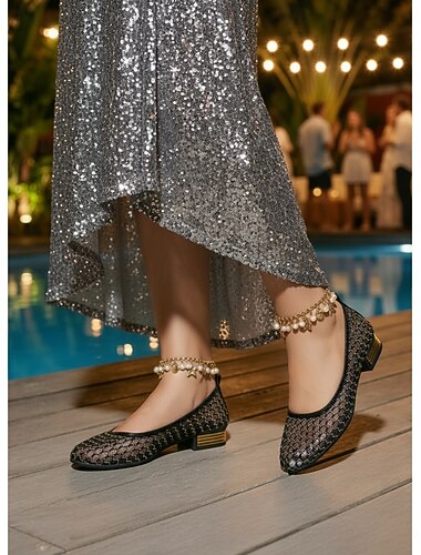  Sprankelende gouden mesh ballerina's voor dames - elegante spitse ballerina's met een lage metallic hak voor avondgala's en feestjes in cruiseresorts. &zomerse formele evenementen