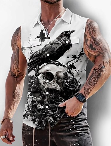  Herren Schädel Krähe Raven Hemd Knopfhemd Ärmelloses Shirt Ärmellos Dunkler Gothic-Stil Outdoor Lässig Sommer Frühling Umlegekragen 3D-Druck Zwei Fronttaschen Blau Weiß Purpur Khaki