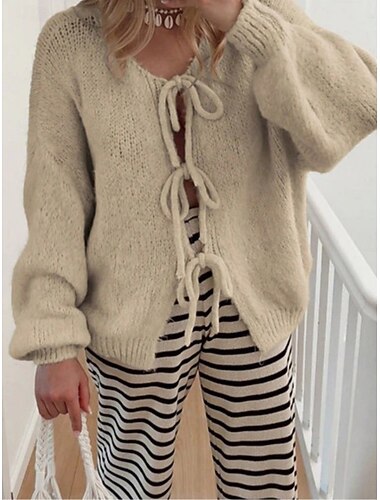  Damen Pullover Strickjacke Mode Streetwear Lässig Einfarbig Gerippt V Ausschnitt Schnürung Gestrickt Langarm Normale Oberteile Stricken Täglich Outdoor Wochenende Gelb Purpur Frühling Herbst