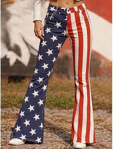  Mulheres Flare Calça larga Férias Moda Roupa de rua Comprimento total Cintura AltaPantsDia da Independência Americana Gráfico Bandeira americana Conforto Macio Confortável Sem Elasticidade Diário Ao