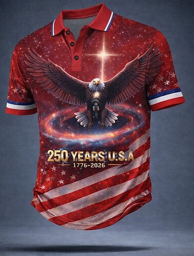  4 يوليو 2026، الذكرى 250 رجالي علم الولايات المتحدة الأمريكية قمصان البولو كم قصير قمصان البولو Lapel كاجوال ملابس الرياضة مناسب للبس اليومي ملابس المهرجان طباعة ثلاثية الأبعاد Buttons للربيع والصيف