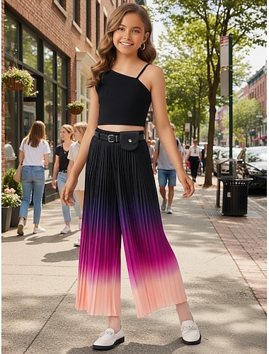  2 Pezzi Bambini Ragazze Sfumatura Arricciato Canotta e pantaloni Impostato Senza Maniche Sport Casuale 7-13 Anni Estate Nero