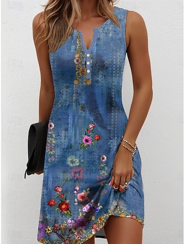  Dames Mini Jurk Casual Jurk Petite Jurk Zomerjurk Casual Vakantie Dagelijkse Vakantie Regular Fit Bloemen Grafisch Boheems Mouwloos V-Hals Rood Blauw Paars Groen Zomer Lente