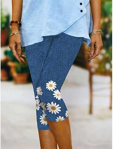  Dámské Capri kalhoty Kalhoty chinos Legíny prázdniny Vinobraní Šik ven Telecí délka Vysoký pas Květinový Grafika Potisk Tisk Pohodlné Yumuşak Elastické Denní Venkovní Dovolená Vodní modrá Čern