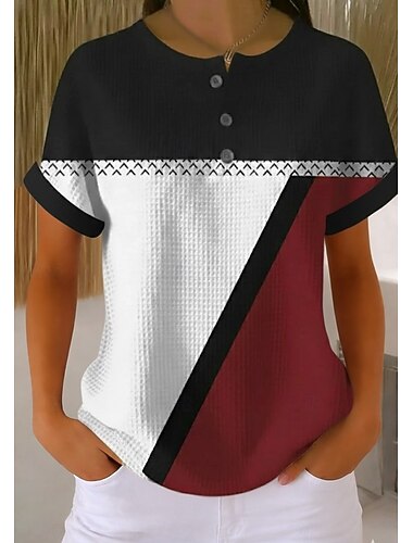  Camisetas de punto texturizado de waffle para mujer camiseta de bloque de color gráfico geométrico elegante clásica de manga corta cuello redondo deportes diarios fin de semana negro y rojo púrpura