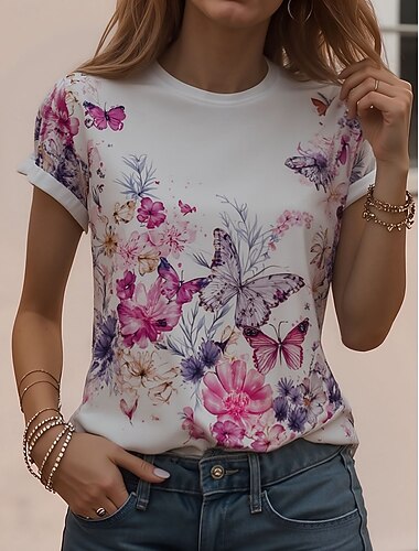  Dame T skjorte Trykt mønster Grafisk Dyr Årgang Stilfull Klassisk Kortermet Crew-hals Rund hals Lange topper Daglig Helg Hvit Gul Regnbue Sommer Vår