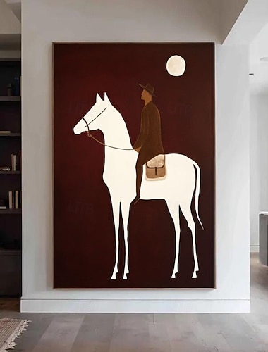  Ölgemälde, handgemalt, neutral, minimalistisch, Western-Cowboy-Kunst, japanische abstrakte Reiterdarstellung, großes, strukturiertes braunes Leinwandbild, original handgefertigte Wandkunst