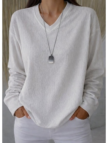  Dámské Větší velikosti Tričko Trička S texturou Módní Na běžné nošení Dlouhý rukáv Do V Běžné topy Denní Jdeme ven Černá Bílá Šedá Jaro Podzim