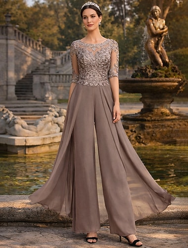  Deux Pièces Combinaison Tailleur-Pantalon Longueur au sol Robe de Mère de Mariée  Demi Manches Col Bateau Élégant Petite robe demoiselle d honneur Église Chiffon avec Appliques
