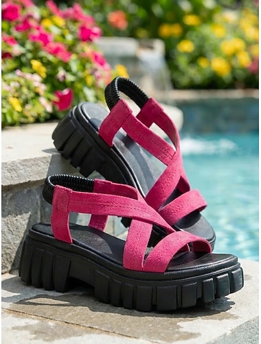  صنادل رياضية نسائية ذات نعل سميك - أحذية صيفية وردية اللون بأشرطة ونعل سميك مناسبة للعطلات والشاطئ والسفر &ملابس كاجوال
