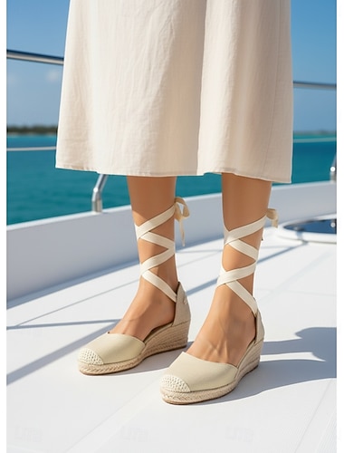  Espadrilles met sleehak en strik voor dames - elegante crèmekleurige platformhakken met vetersluiting, perfect voor cruisevakanties en reizen naar tropische eilanden. &zomerse terrasfeesten