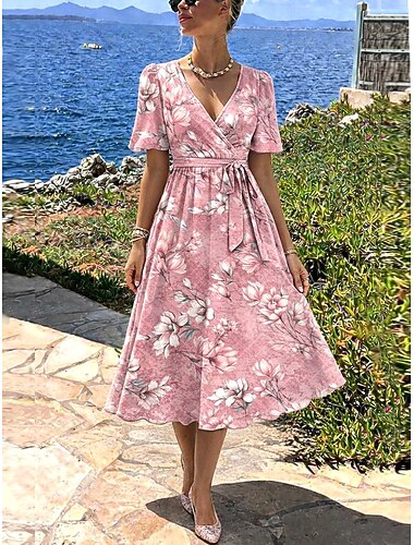  Damen Midikleid A Linie Kleid Bandage Kleid Rüschenkleid Urlaub Lässig Ferien Date Normale Passform Blumen Grafik Kurzarm V Ausschnitt Blau Gelb Rosa Himmelblau Sommer Frühling