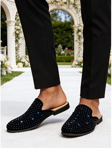  mules de mariage bleu marine pour homme, ornées de strass, chaussures habillées scintillantes à enfiler, chaussures de luxe sans talon pour le marié, spectacle, réception de mariage, banquet, bal de promo, soirée
