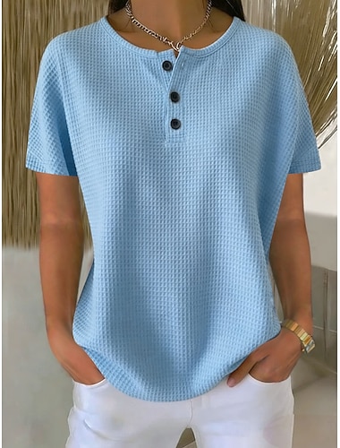  Damen T Shirt T-Shirt Waffelstricktops Knopf vorne Einfach Mode Stilvoll Klassisch Kurzarm Henley Normale Oberteile Täglich Ausgehen Wochenende Blau Sommer Frühling