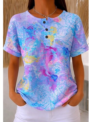  Top in maglia waffle per donna T-shirt a blocchi di colore bottone anteriore grafica geometrica piante elegante classica manica corta collo rotondo sportivi quotidiani fine settimana blu arcobaleno