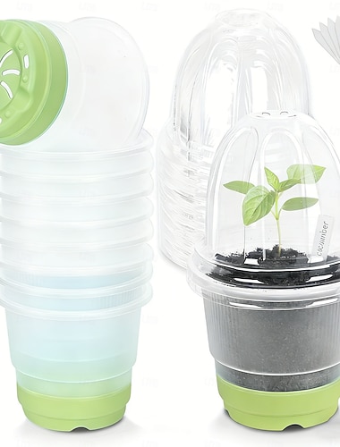  10 kpl 10 cm:n taimikuppia kannellisilla aloitusalustoilla ja kasvitarroilla, läpinäkyviä taimiruukkuja, uudelleenkäytettäviä muovisia kukkaruukkuja vahvistetulla pohjalla helppoa istutusta varten