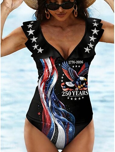  Självständighetsdag Amerikansk Kvinna Badkläder Tankini Högskuren Baddräkt Aktiv Semester Grafisk V-ringad Ärm-Lös Baddräkter