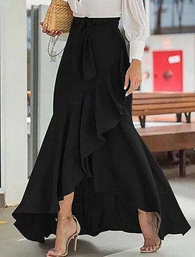  女性用 バケーションスカート エレガント ファッション カジュアル マキシ ミッドライズ スカート 平織り ドローストリング ラッフル 弾性ウエスト マイクロエラスティック 日常 ストリート ブラック ワイン グリーン 夏 ポリエステル
