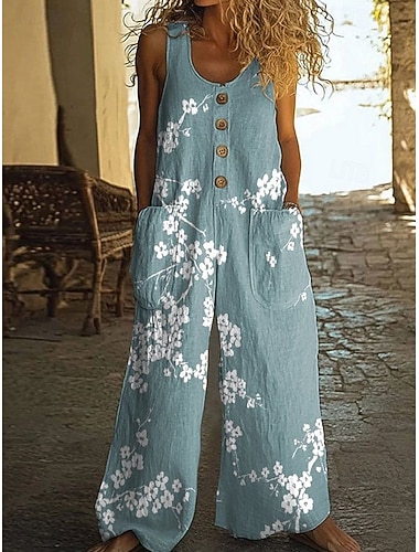  Dámský overal s imitací bavlny a lnu, normální velikost, aktivní, květinový, bez rukávů, široké nohavice, výstřih do U, kapsy, knoflíky, denní, prázdninový, volný střih, modrá, královská modrá,